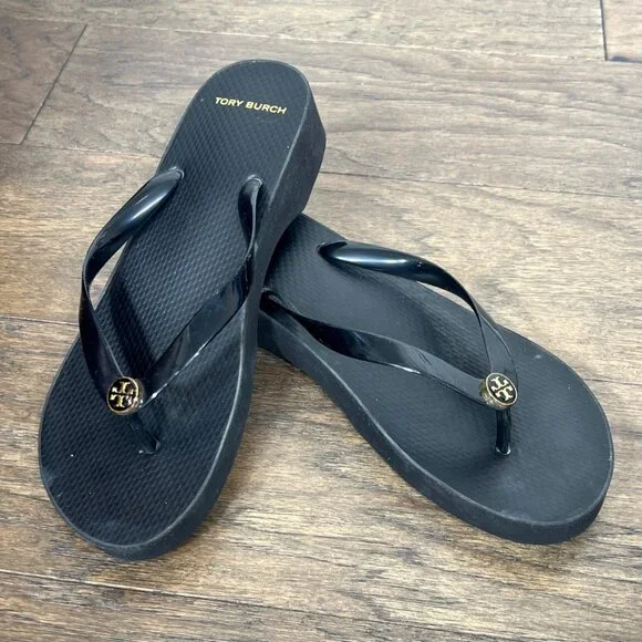 TORY BURCH Women's Thandie Wedge Medallion Flip Flops Black Sz 11 EUC - Picture 2 of 5